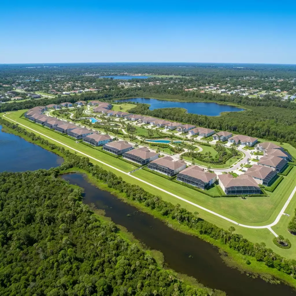 Aerial view of green wetlands and protected natural areas next to a developing community