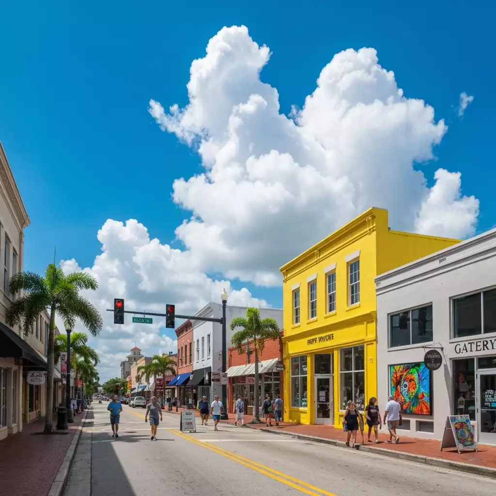 Downtown Fort Myers street scene with vibrant businesses, clean image