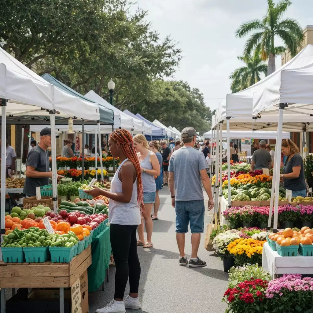 Busy Fort Myers farmers market with fresh produce stalls and cheerful shoppers