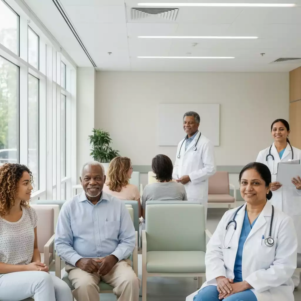 Modern hospital waiting area with diverse patients and staff, bright and clean, no text, no words