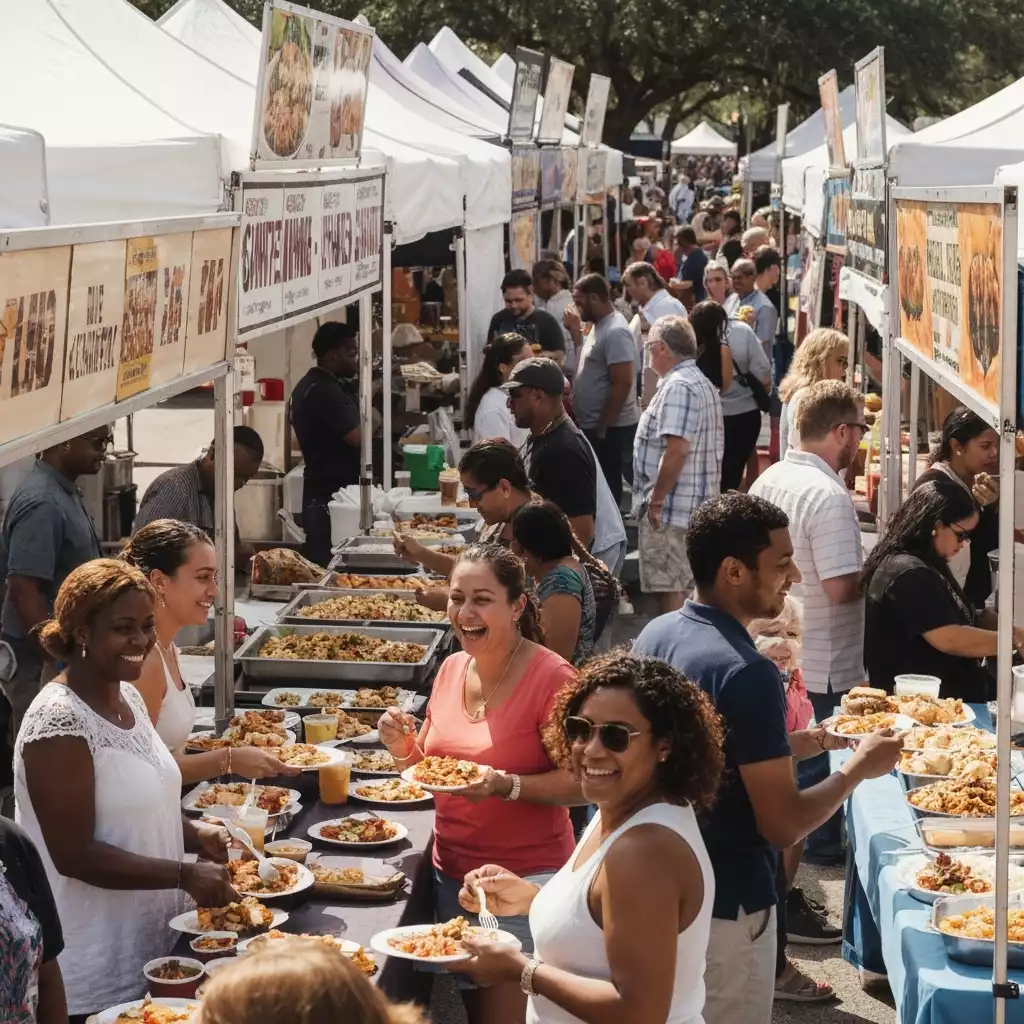 Vibrant food festival scene in Fort Myers, diverse food stalls, people enjoying various dishes, sunny outdoor setting
